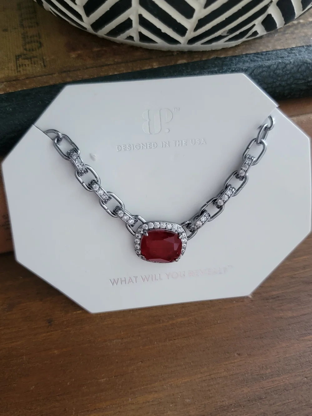 Silver-Tone Chain Necklace with Deep Red Cushion Pendant